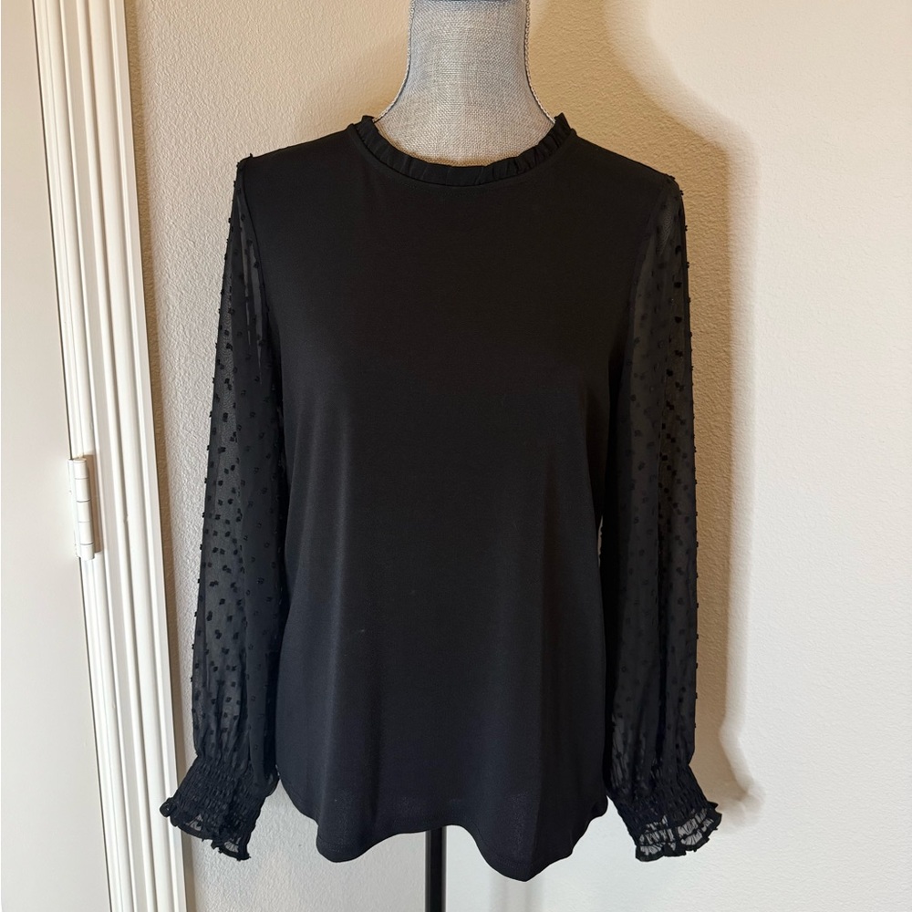 Adrianna Papell Black Blouse with Sheer Polka Dot Sleeves | M